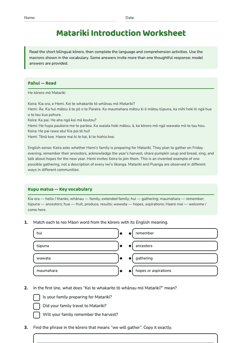 Matariki Introduction Worksheet