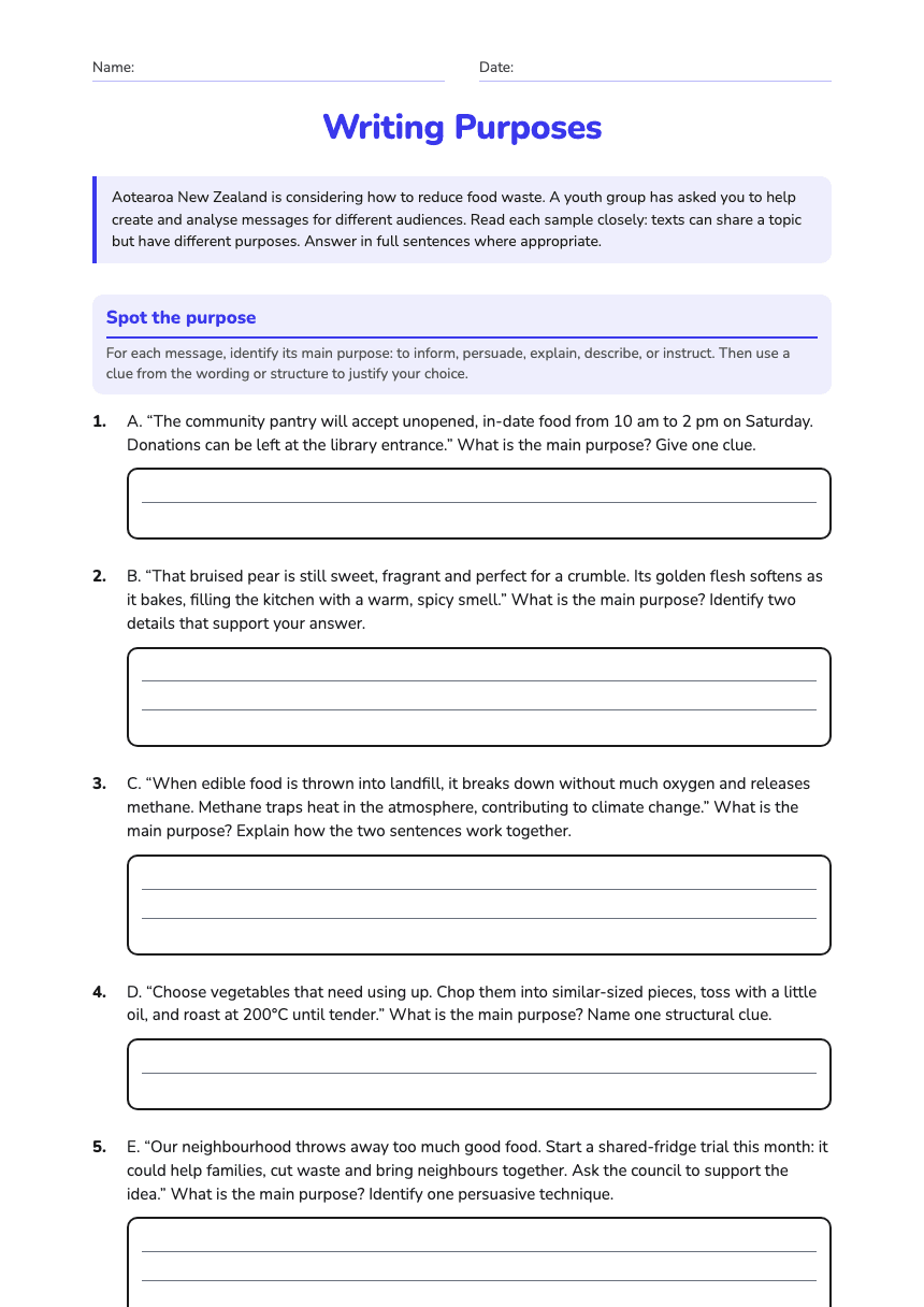 Writing Purposes worksheet preview