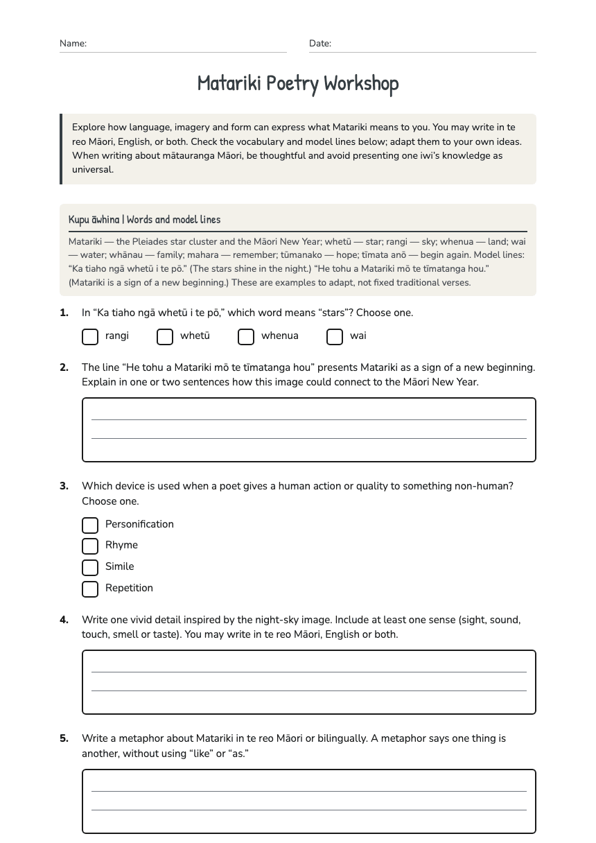 Matariki Poetry Workshop worksheet preview