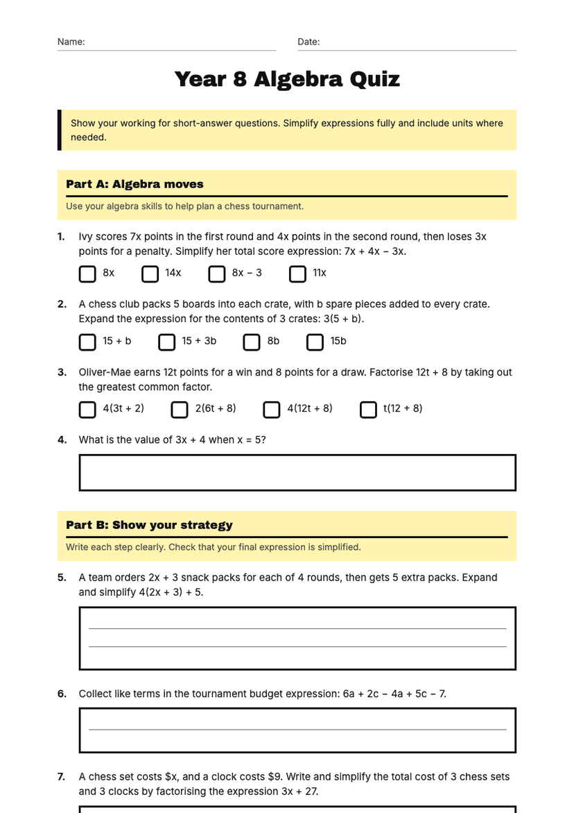 Year 8 Algebra Quiz
