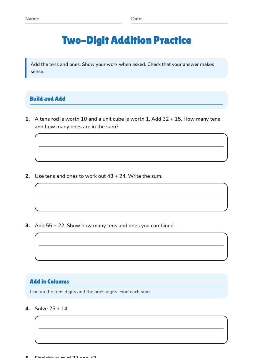 Two-Digit Addition Practice worksheet preview