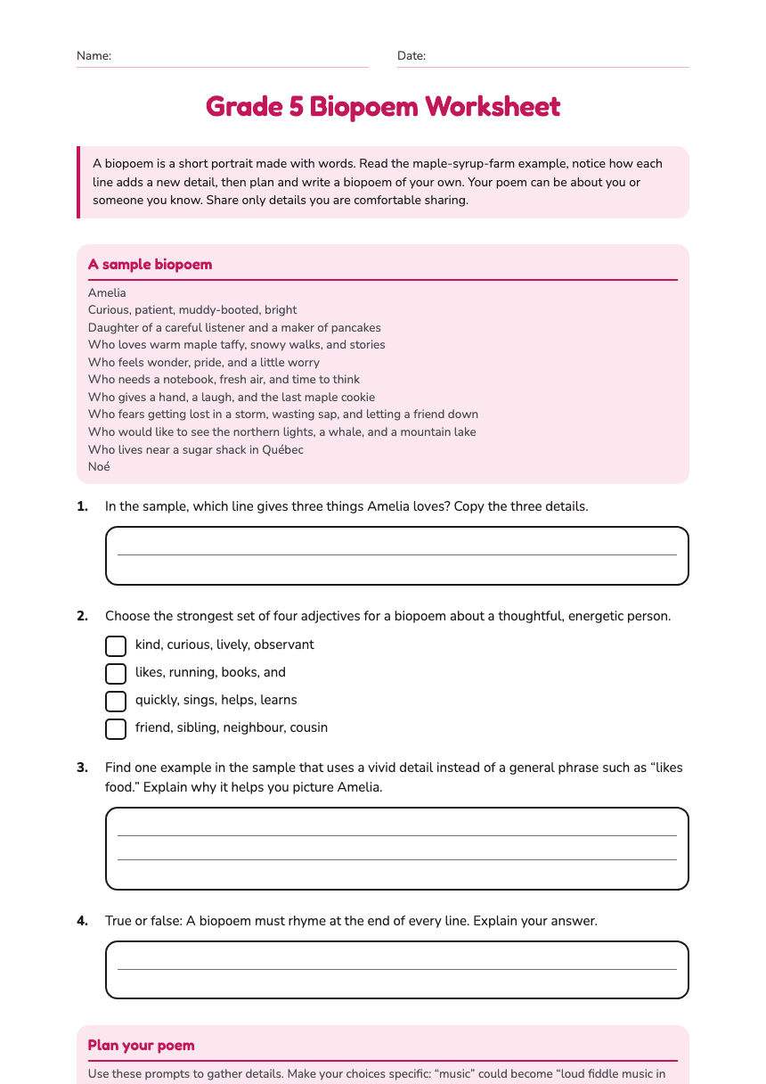 Grade 5 Biopoem Worksheet worksheet preview