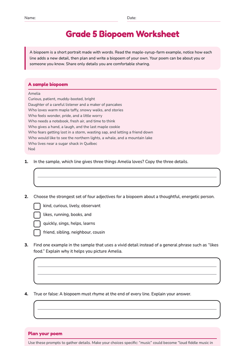 Grade 5 Biopoem Worksheet