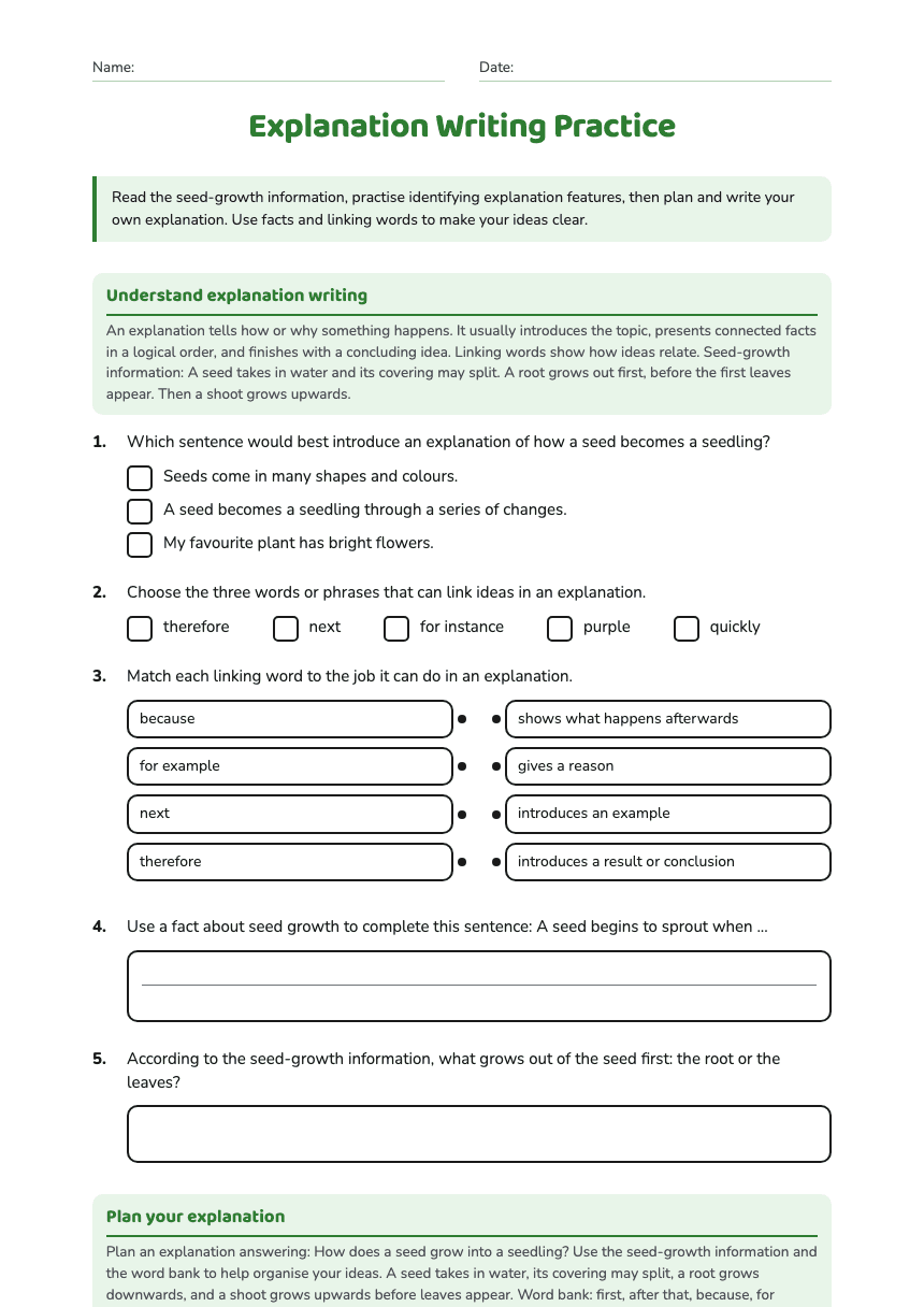 Explanation Writing Practice worksheet preview