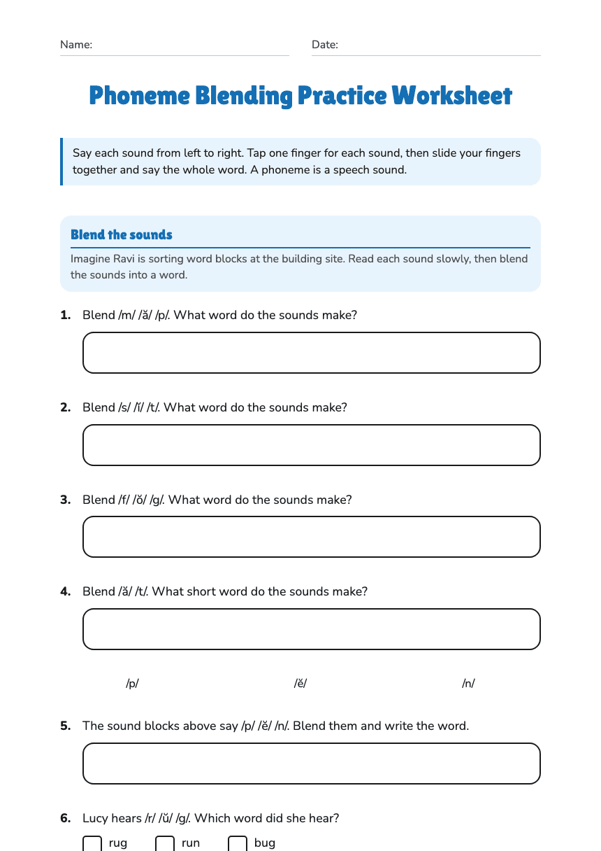 Phoneme Blending Practice Worksheet worksheet preview