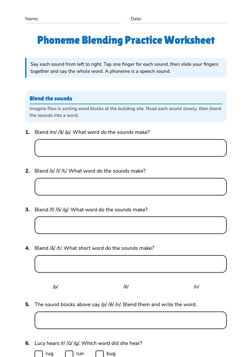 Phoneme Blending Practice Worksheet