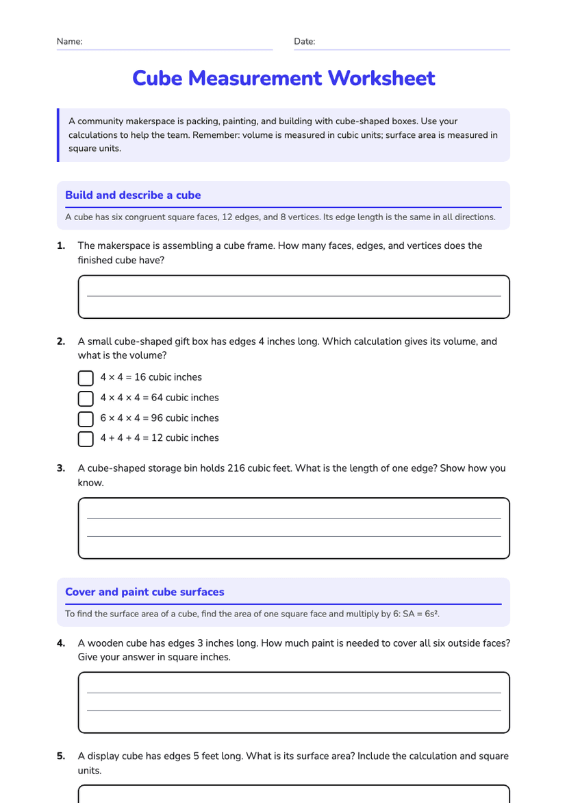 Cube Measurement Worksheet