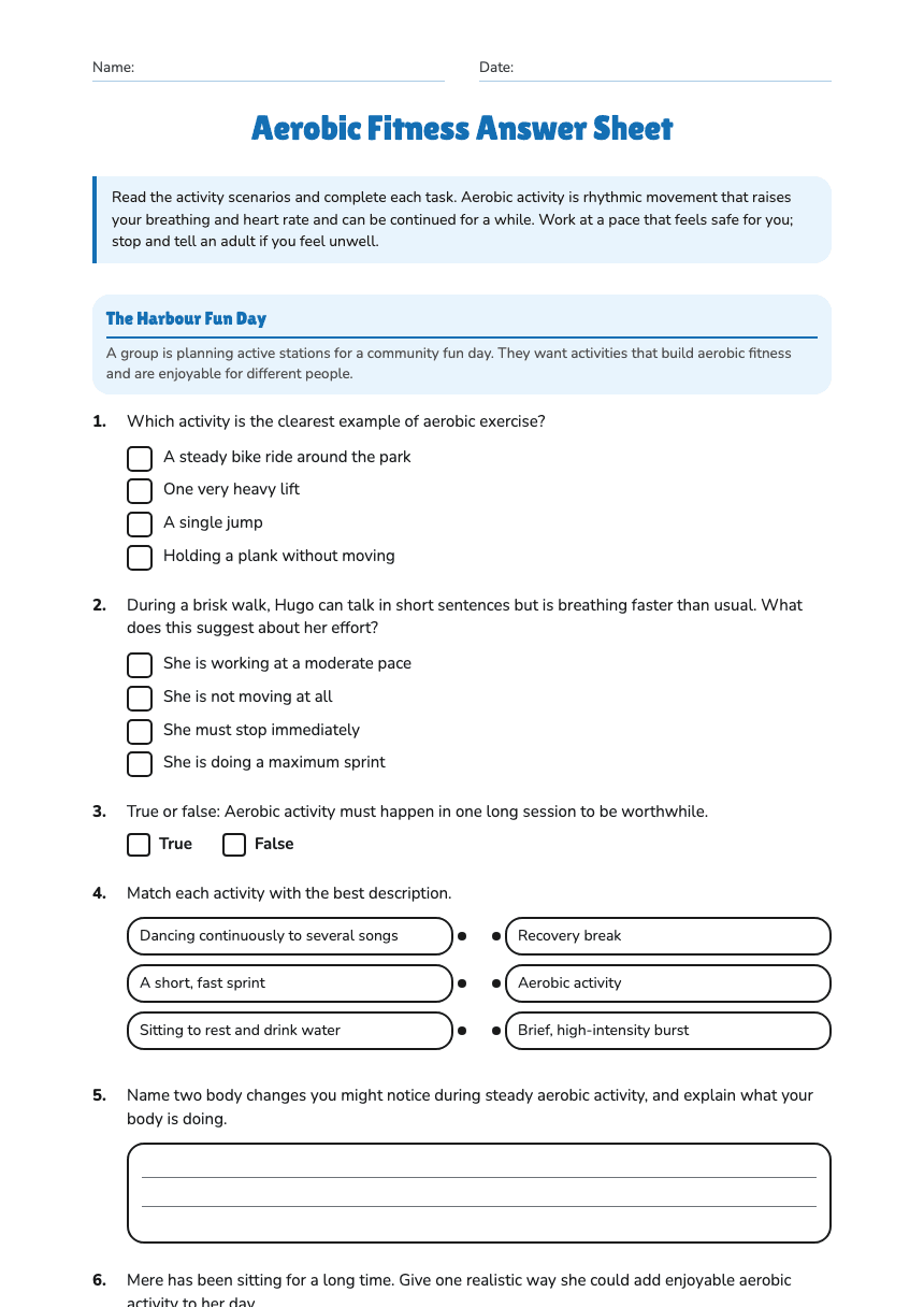 Aerobic Fitness Answer Sheet worksheet preview
