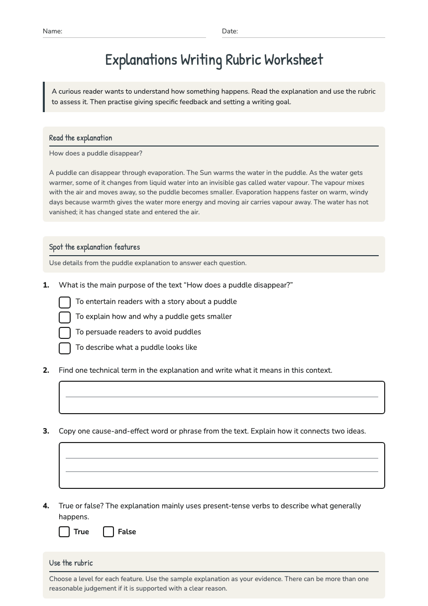 Explanations Writing Rubric Worksheet worksheet preview