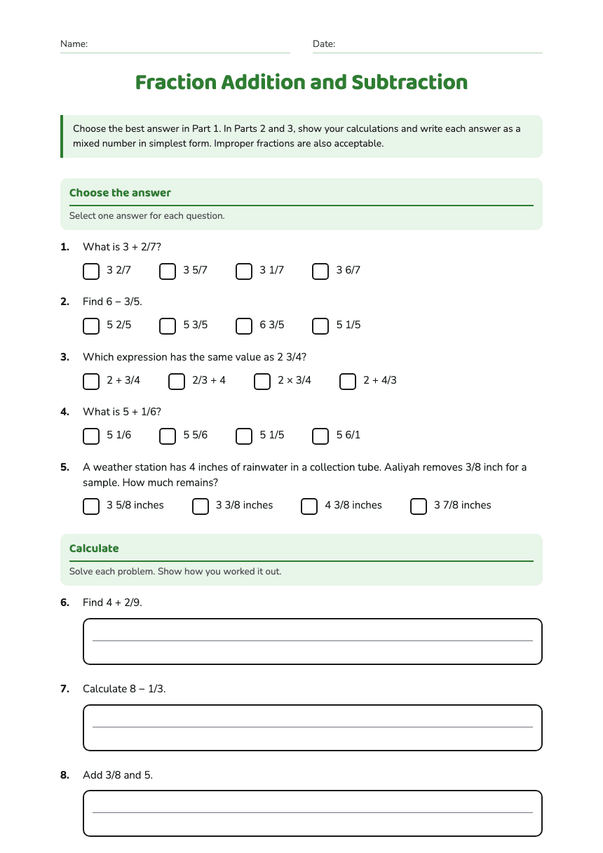 Fraction Addition and Subtraction worksheet preview
