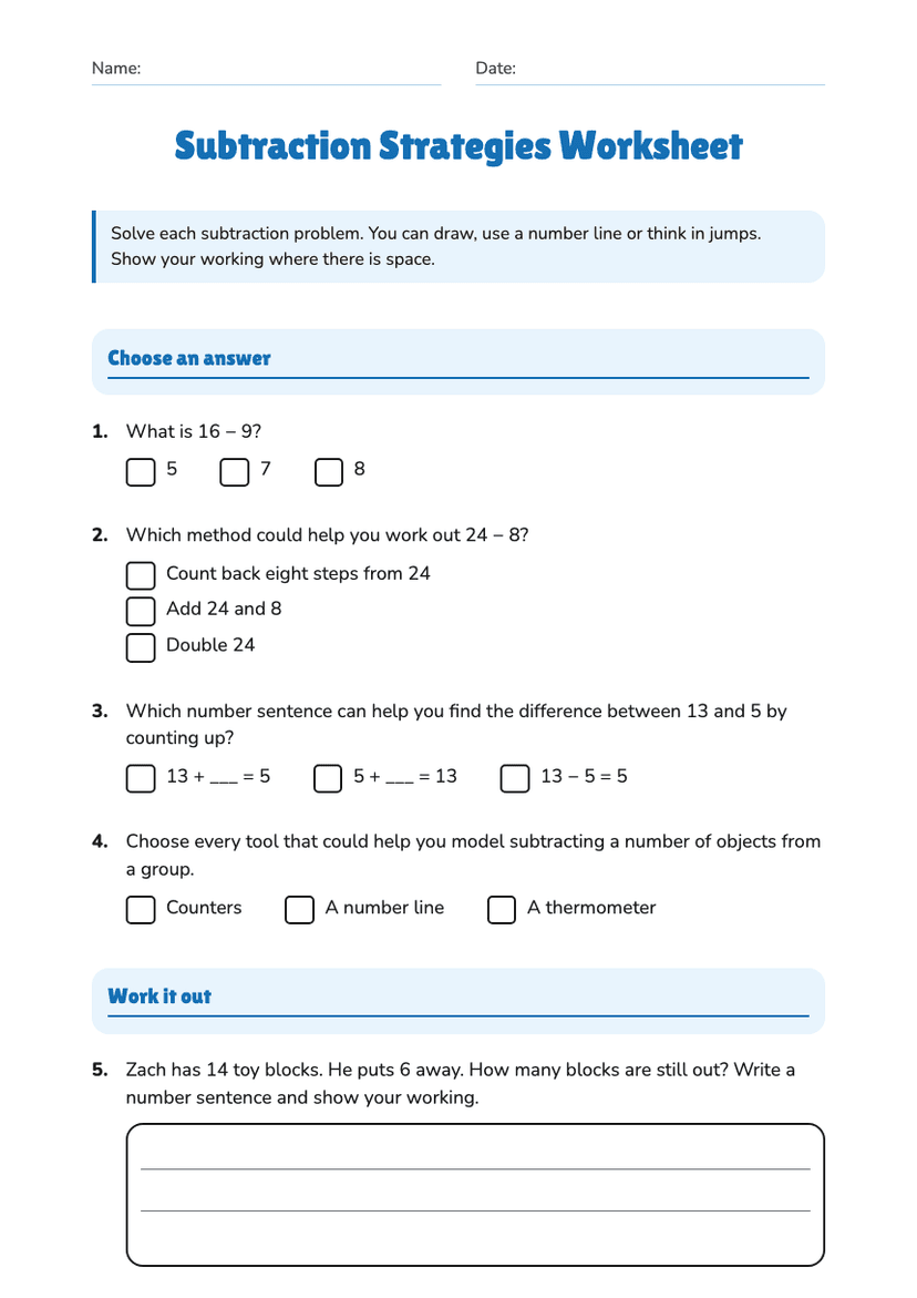 Subtraction Strategies Worksheet