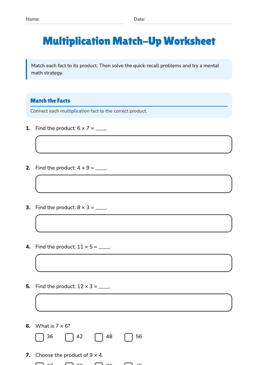 Multiplication Match-Up Worksheet