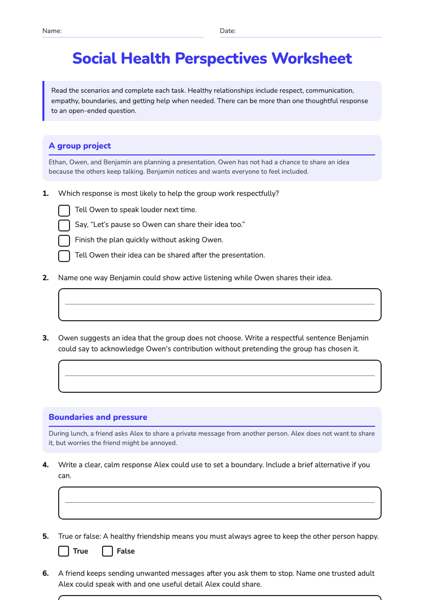 Social Health Perspectives Worksheet worksheet preview