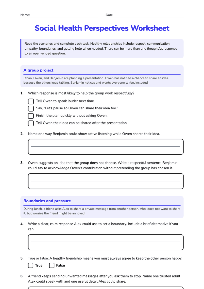 Social Health Perspectives Worksheet