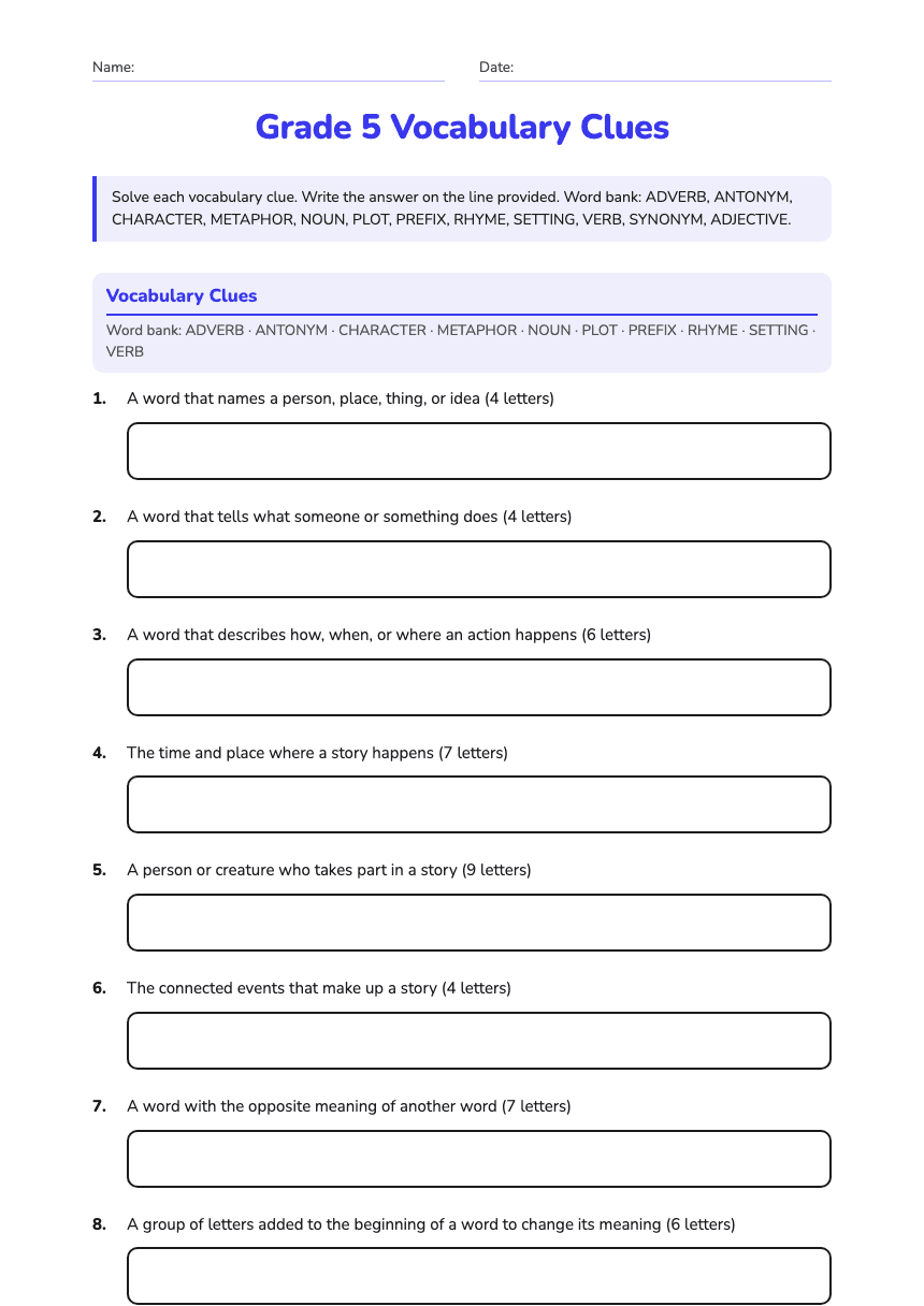 Grade 5 Vocabulary Clues worksheet preview