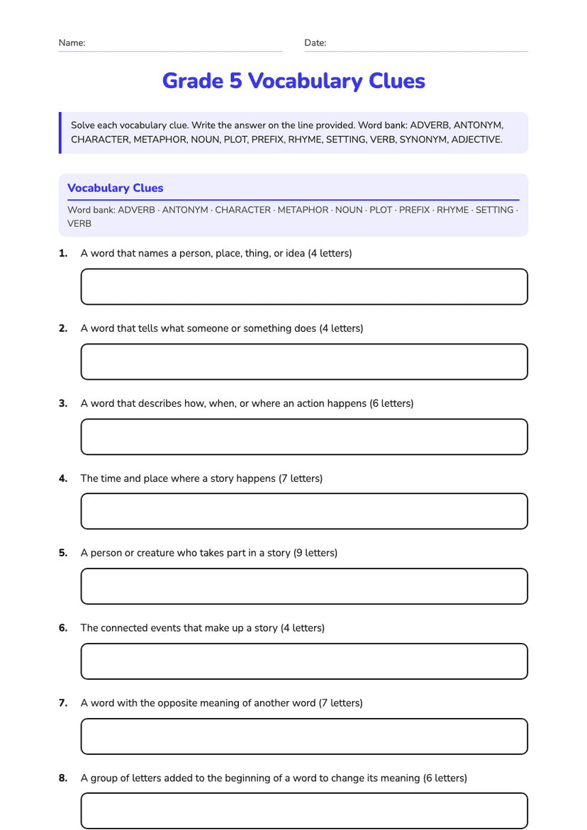 Grade 5 Vocabulary Clues