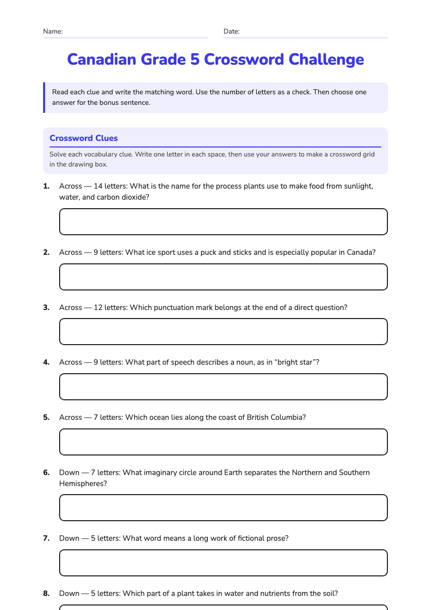 Canadian Grade 5 Crossword Challenge worksheet preview
