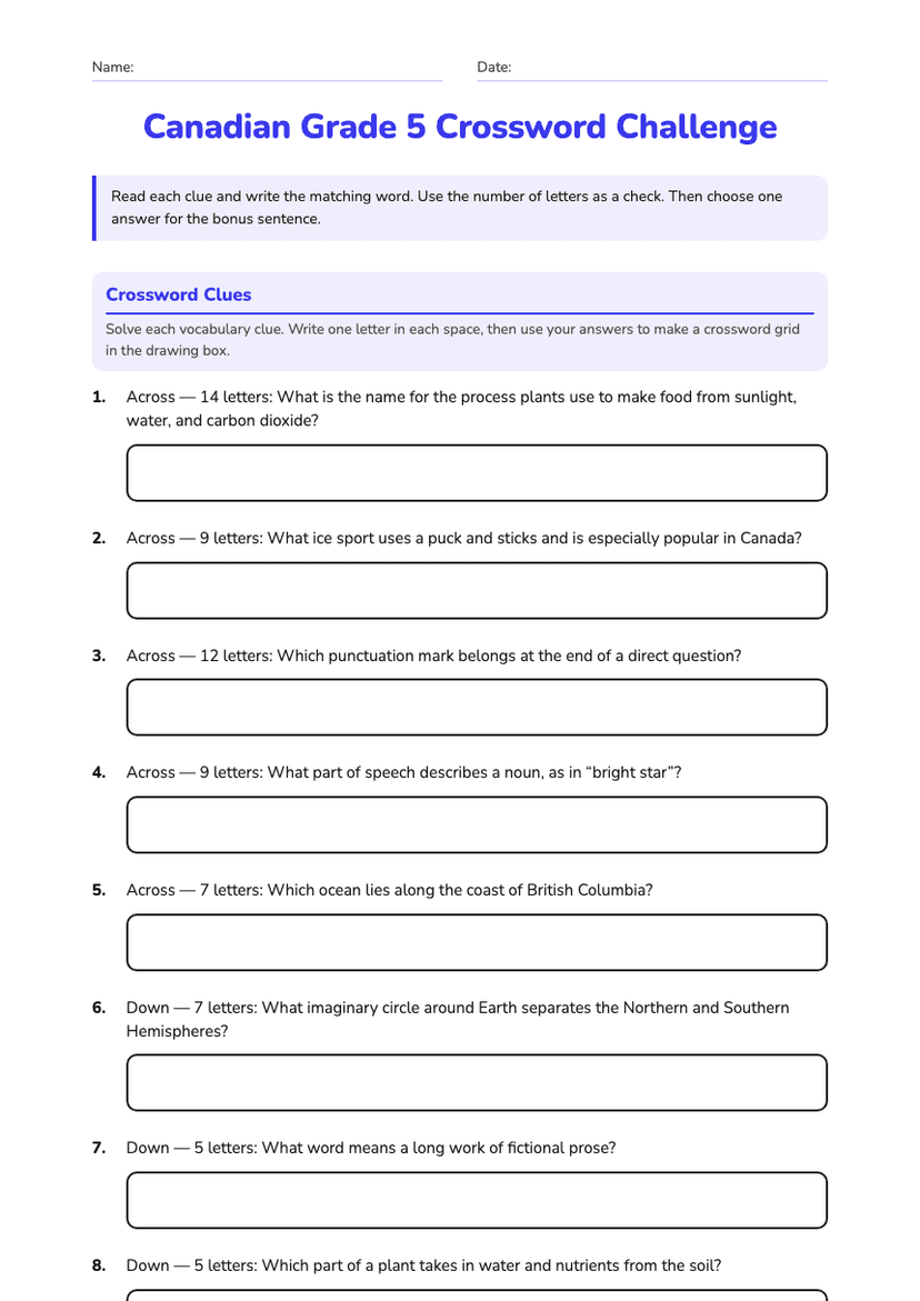 Canadian Grade 5 Crossword Challenge