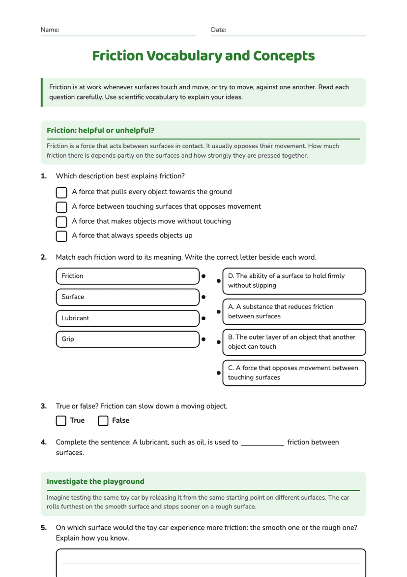 Friction Vocabulary and Concepts