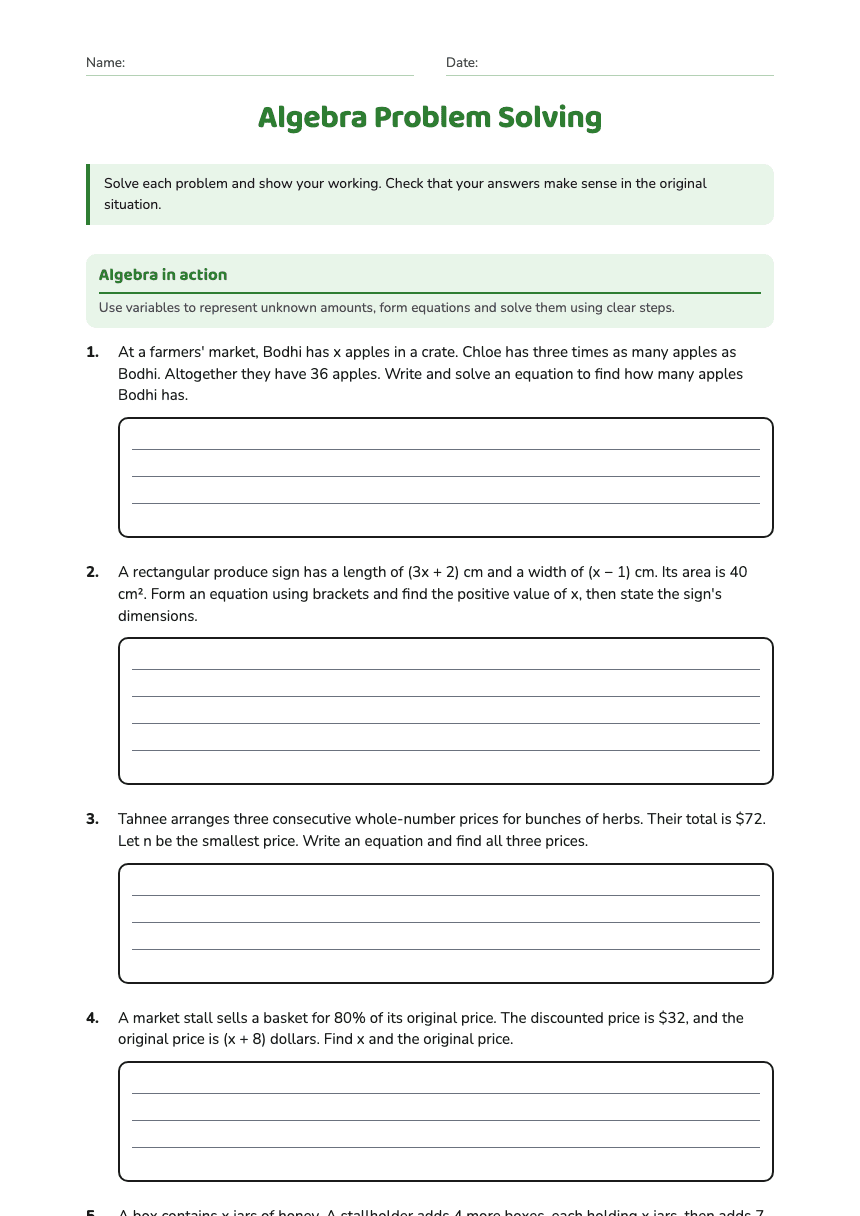 Algebra Problem Solving worksheet preview