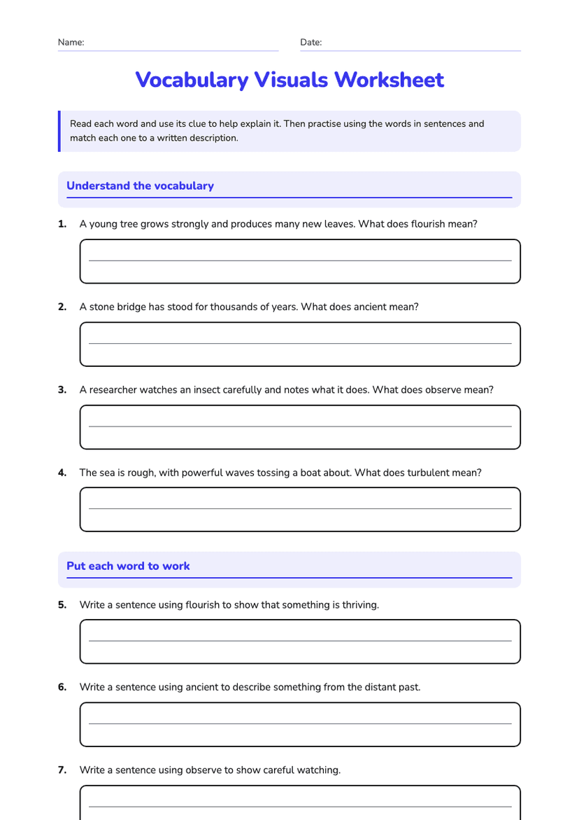 Vocabulary Visuals Worksheet