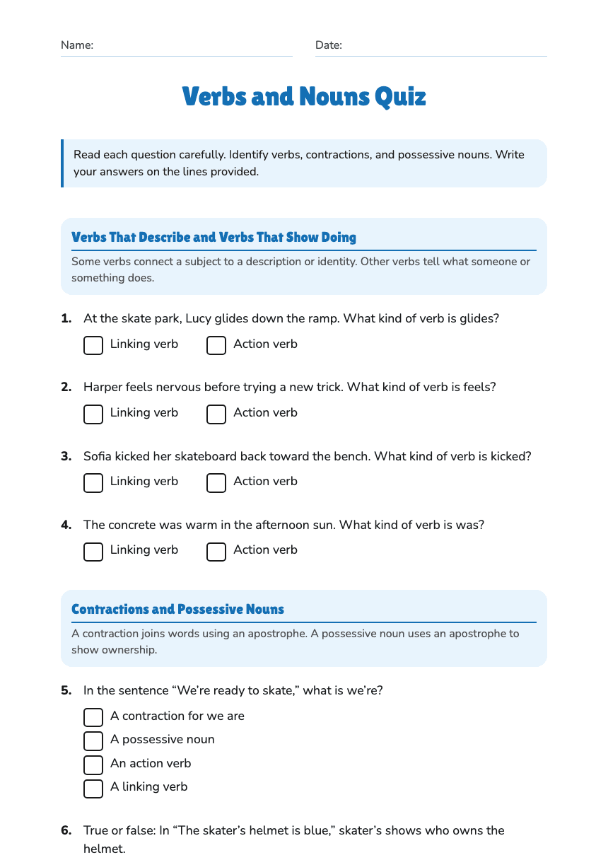 Verbs and Nouns Quiz worksheet preview