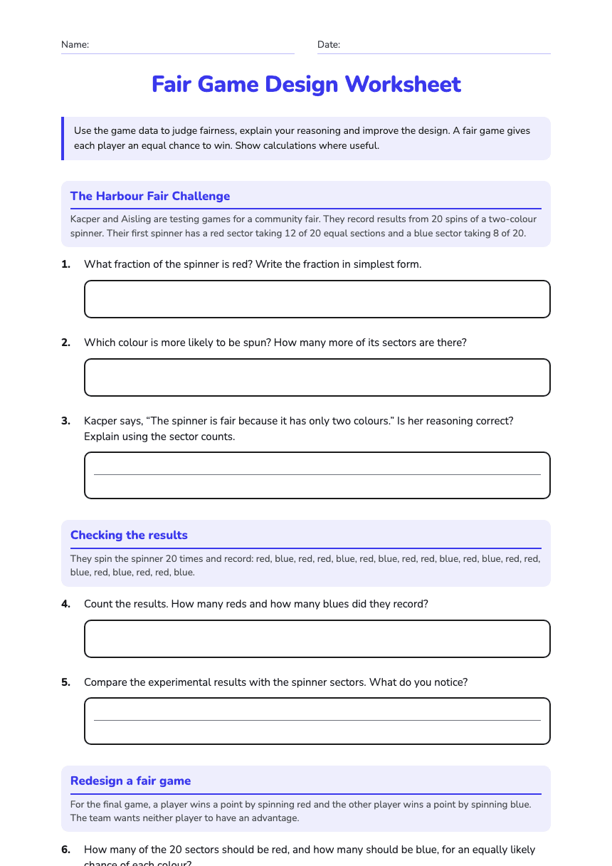 Fair Game Design Worksheet worksheet preview