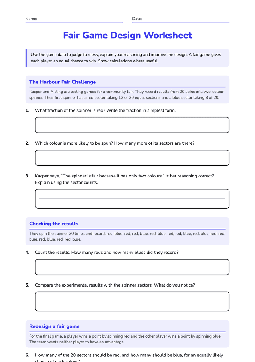 Fair Game Design Worksheet
