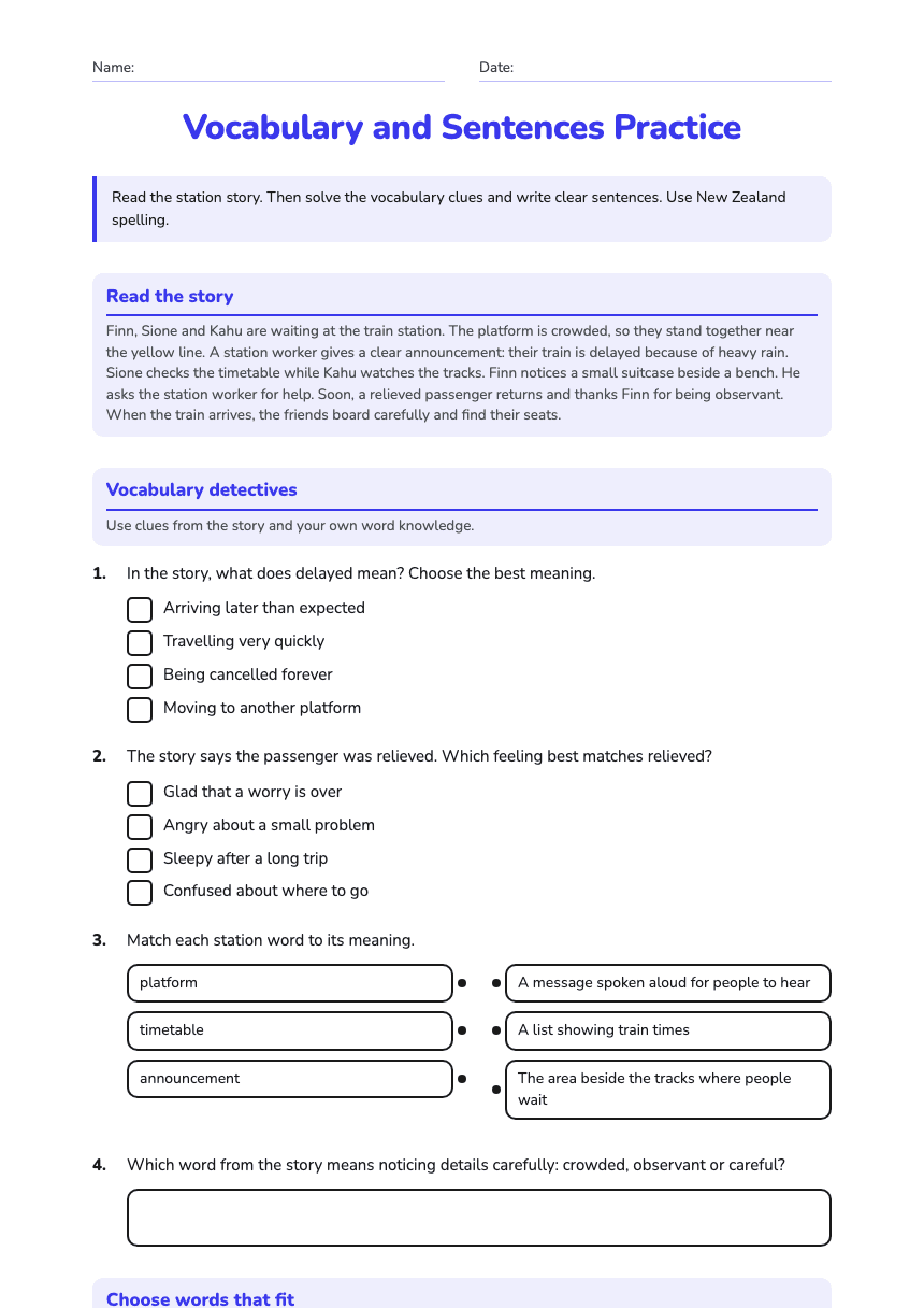 Vocabulary and Sentences Practice worksheet preview