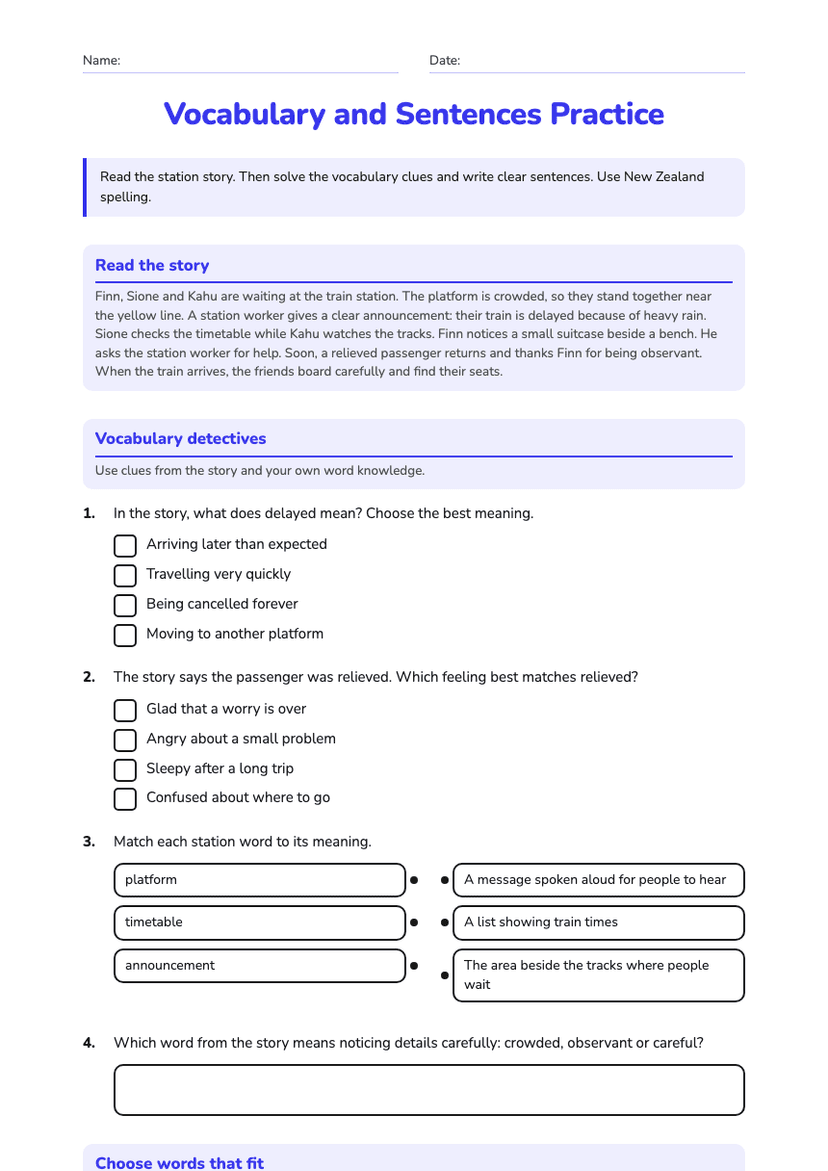 Vocabulary and Sentences Practice