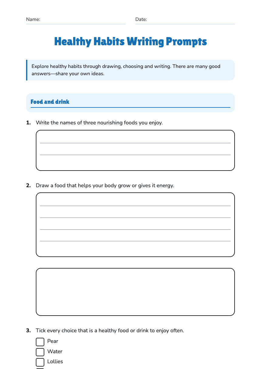 Healthy Habits Writing Prompts worksheet preview