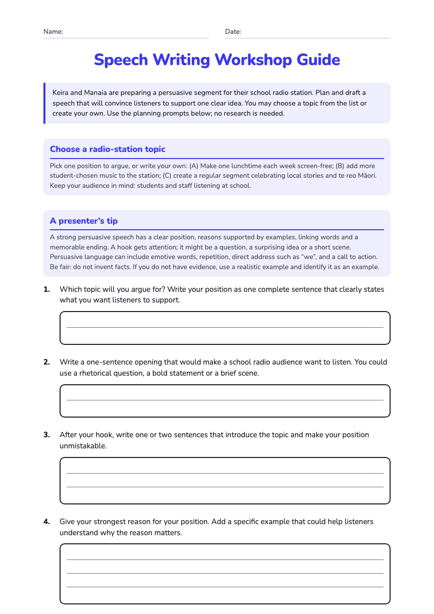 Speech Writing Workshop Guide worksheet preview