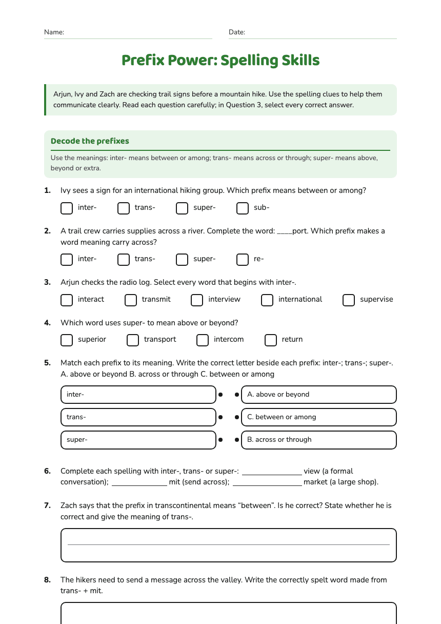 Prefix Power: Spelling Skills worksheet preview