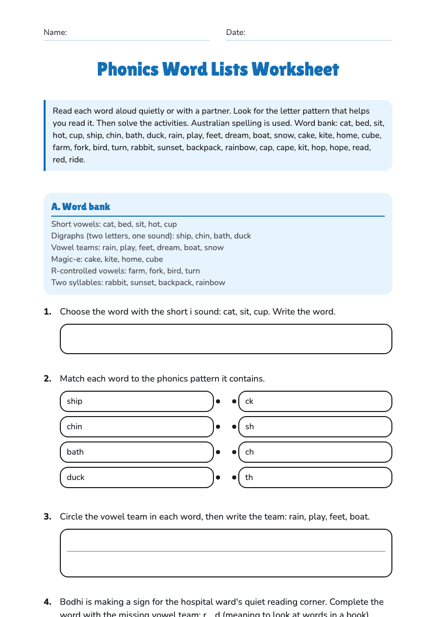 Phonics Word Lists Worksheet worksheet preview