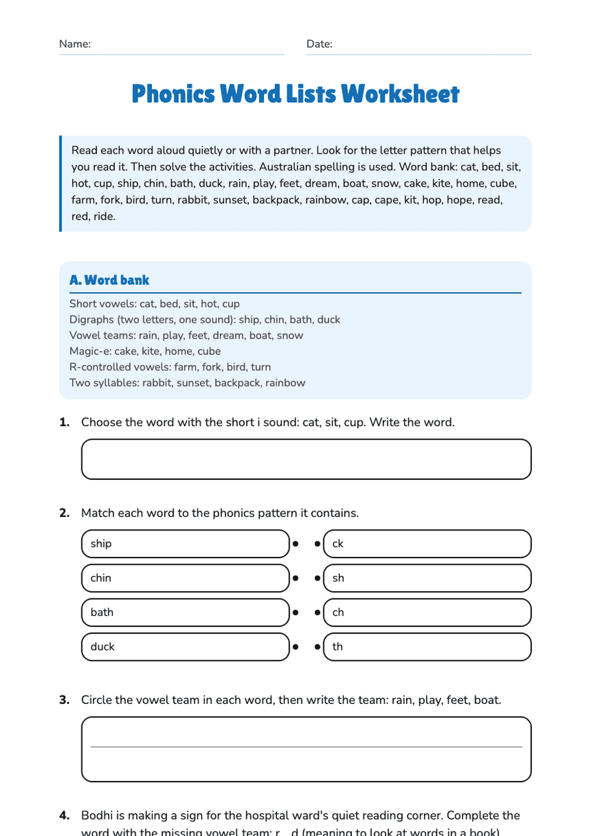 Phonics Word Lists Worksheet