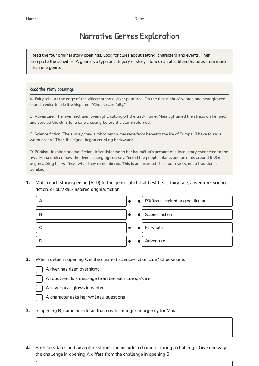 Narrative Genres Exploration worksheet preview