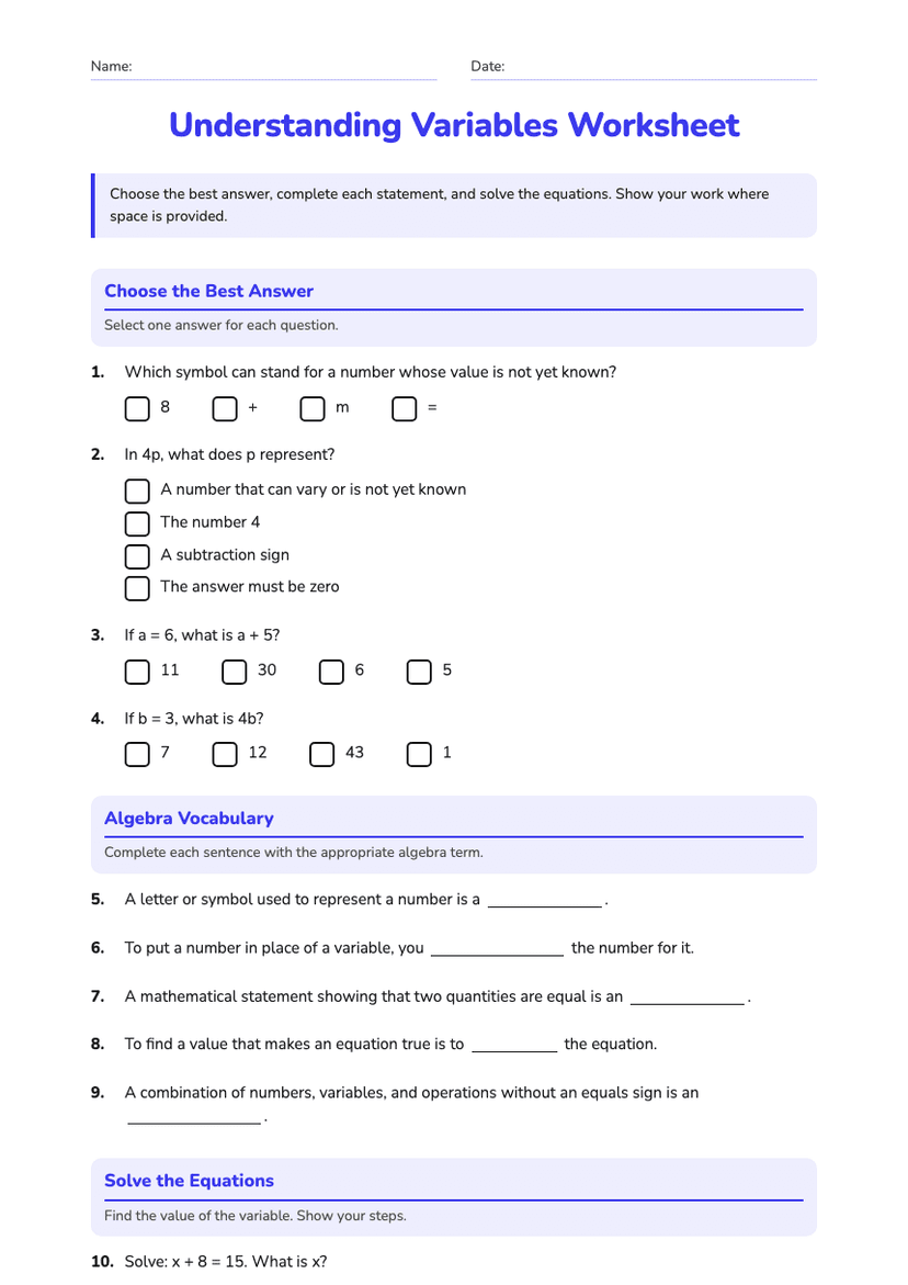 Understanding Variables Worksheet