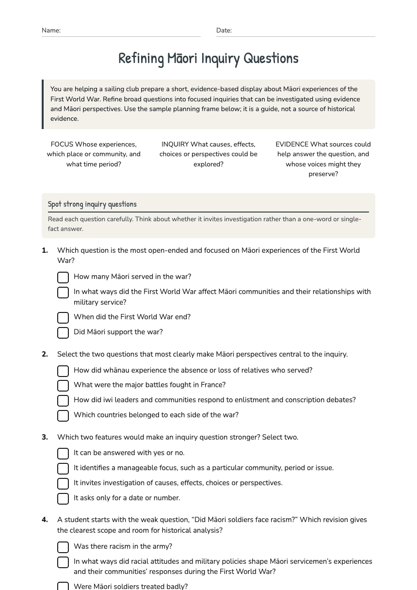 Refining Māori Inquiry Questions worksheet preview