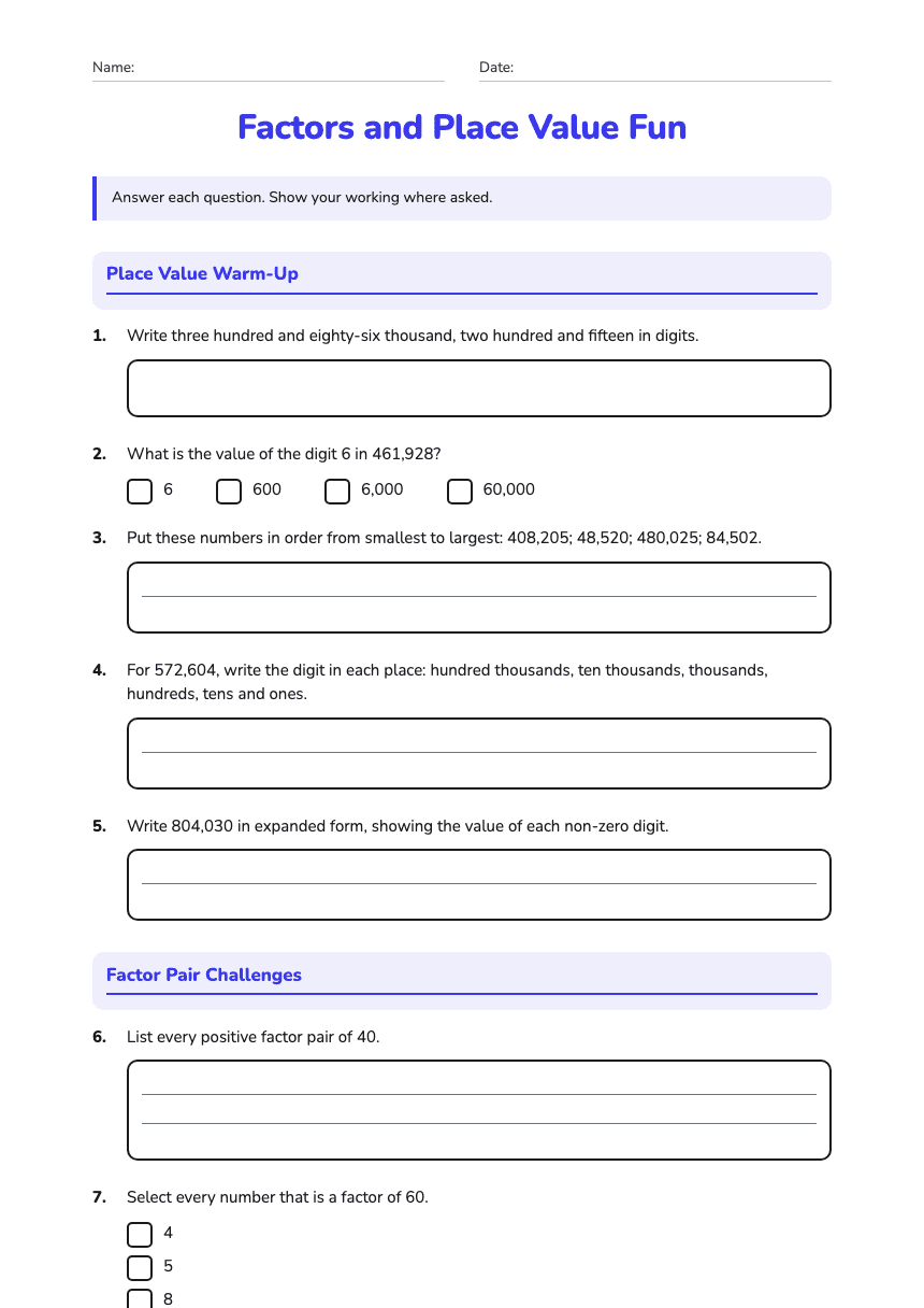 Factors and Place Value Fun worksheet preview