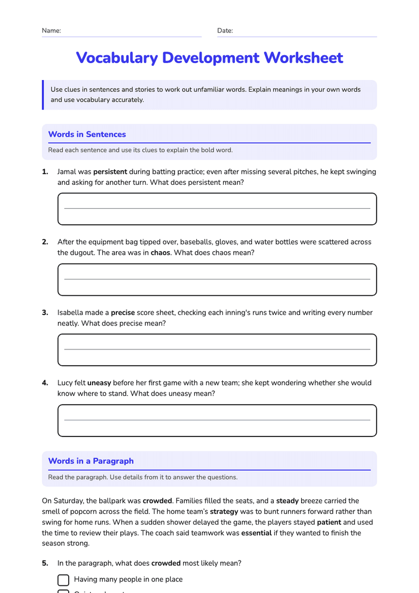 Vocabulary Development Worksheet