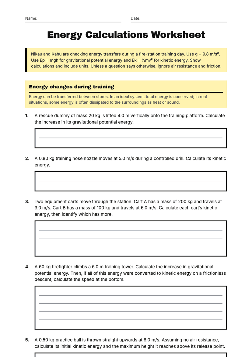 Energy Calculations Worksheet