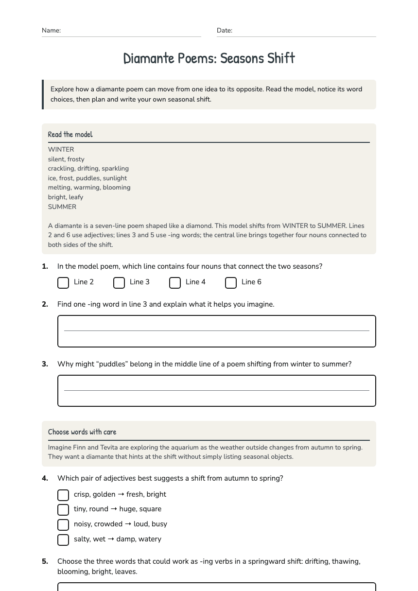 Diamante Poems: Seasons Shift worksheet preview