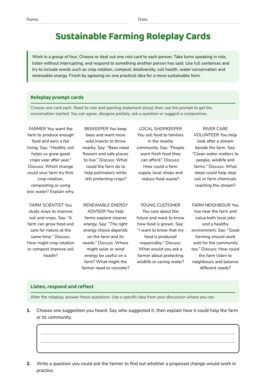 Sustainable Farming Roleplay Cards worksheet preview
