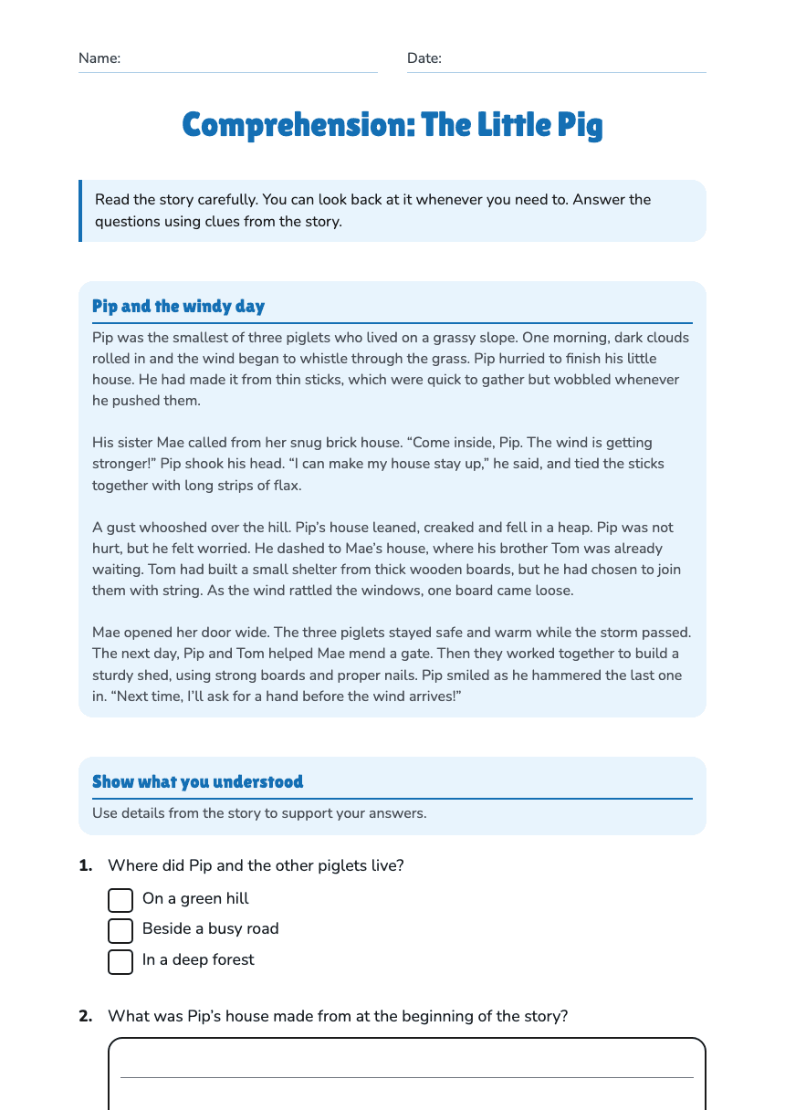 Comprehension: The Little Pig worksheet preview