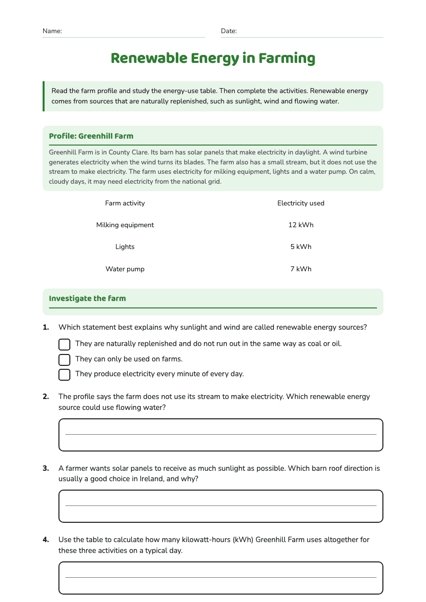 Renewable Energy in Farming worksheet preview