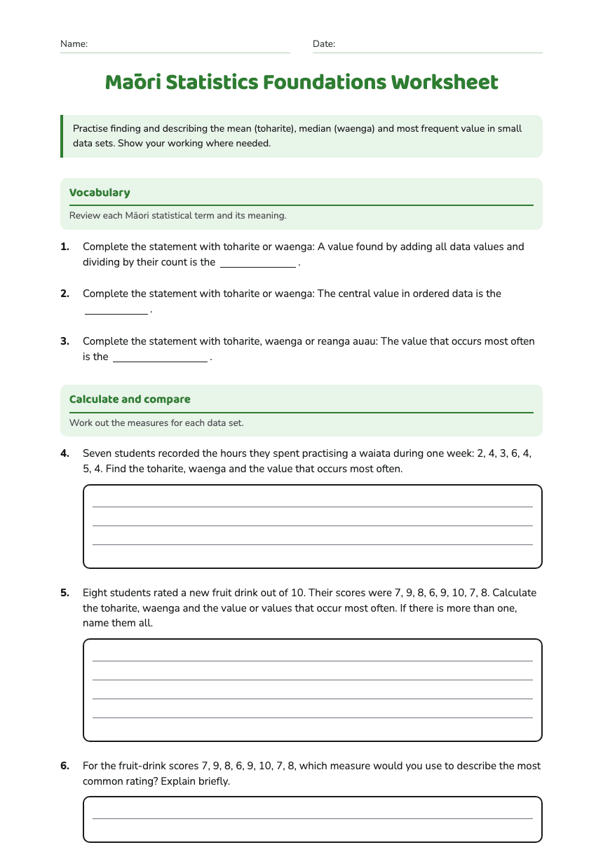 Māori Statistics Foundations Worksheet worksheet preview