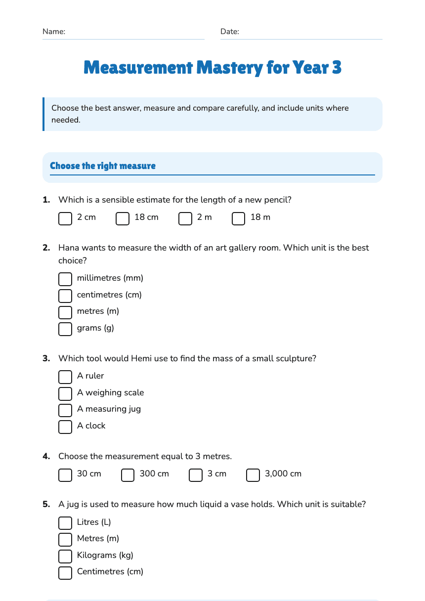 Measurement Mastery for Year 3 worksheet preview