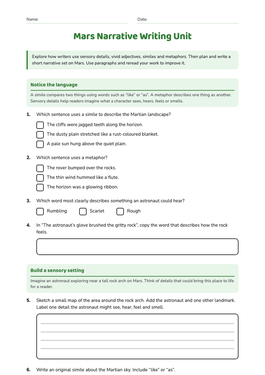 Mars Narrative Writing Unit worksheet preview