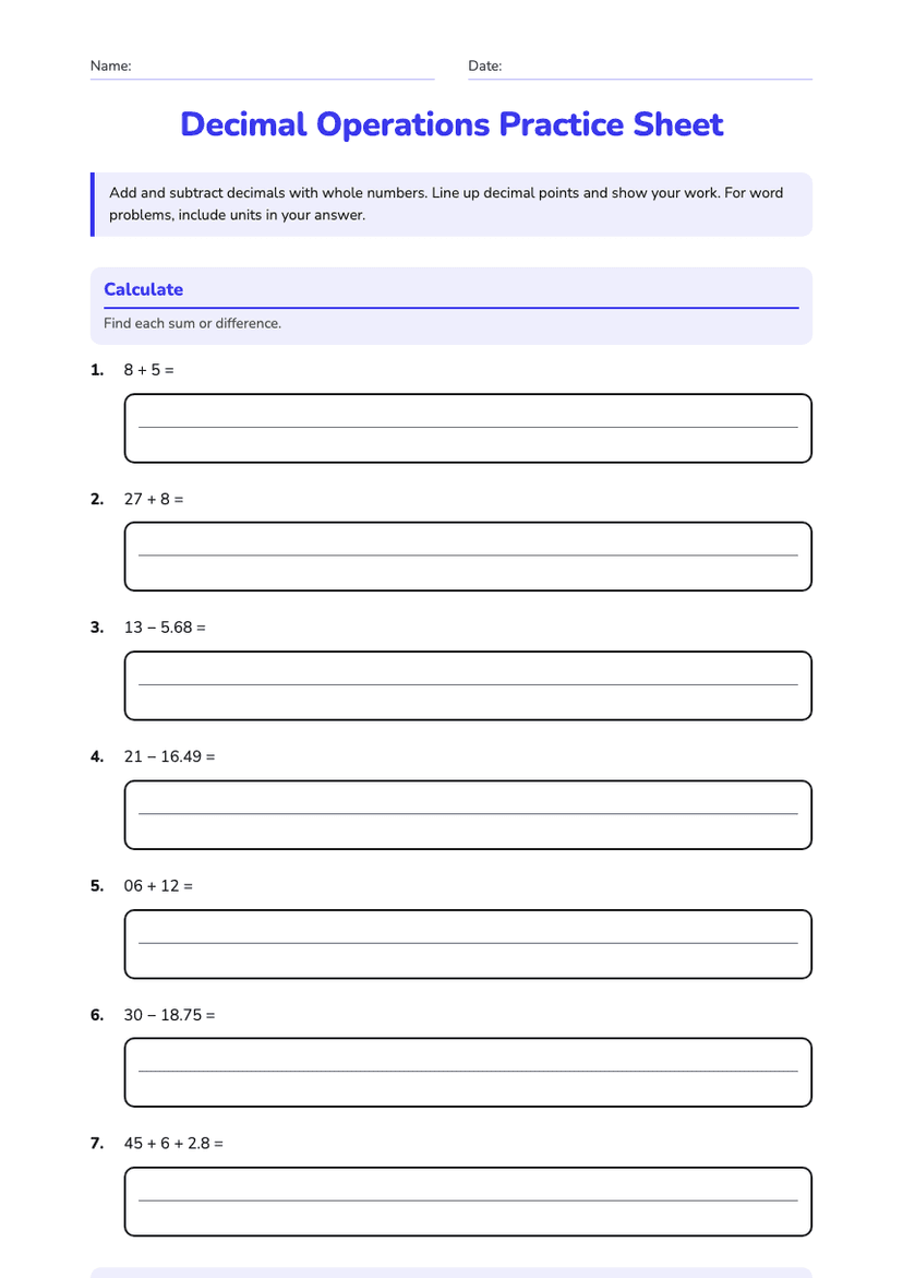 Decimal Operations Practice Sheet