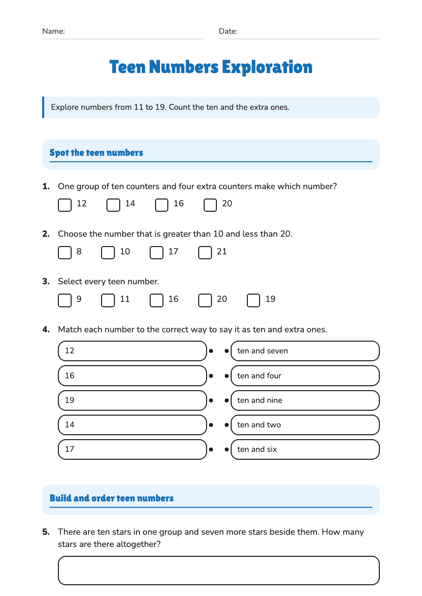 Teen Numbers Exploration worksheet preview